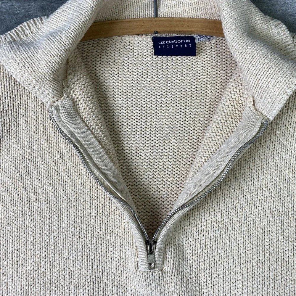 Vtg Liz Claiborne Sweater Womens S Cream Half Zip Collared Pockets Coastal 90s - Picture 5 of 12
